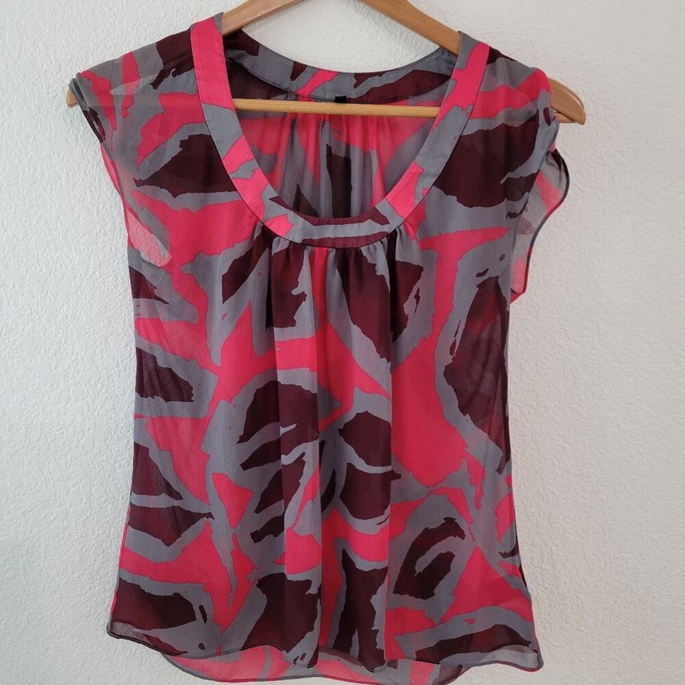 7 For All Mankind Gray Pink Burgundy Sheer Silk Blouse Size XS | Classic EUC